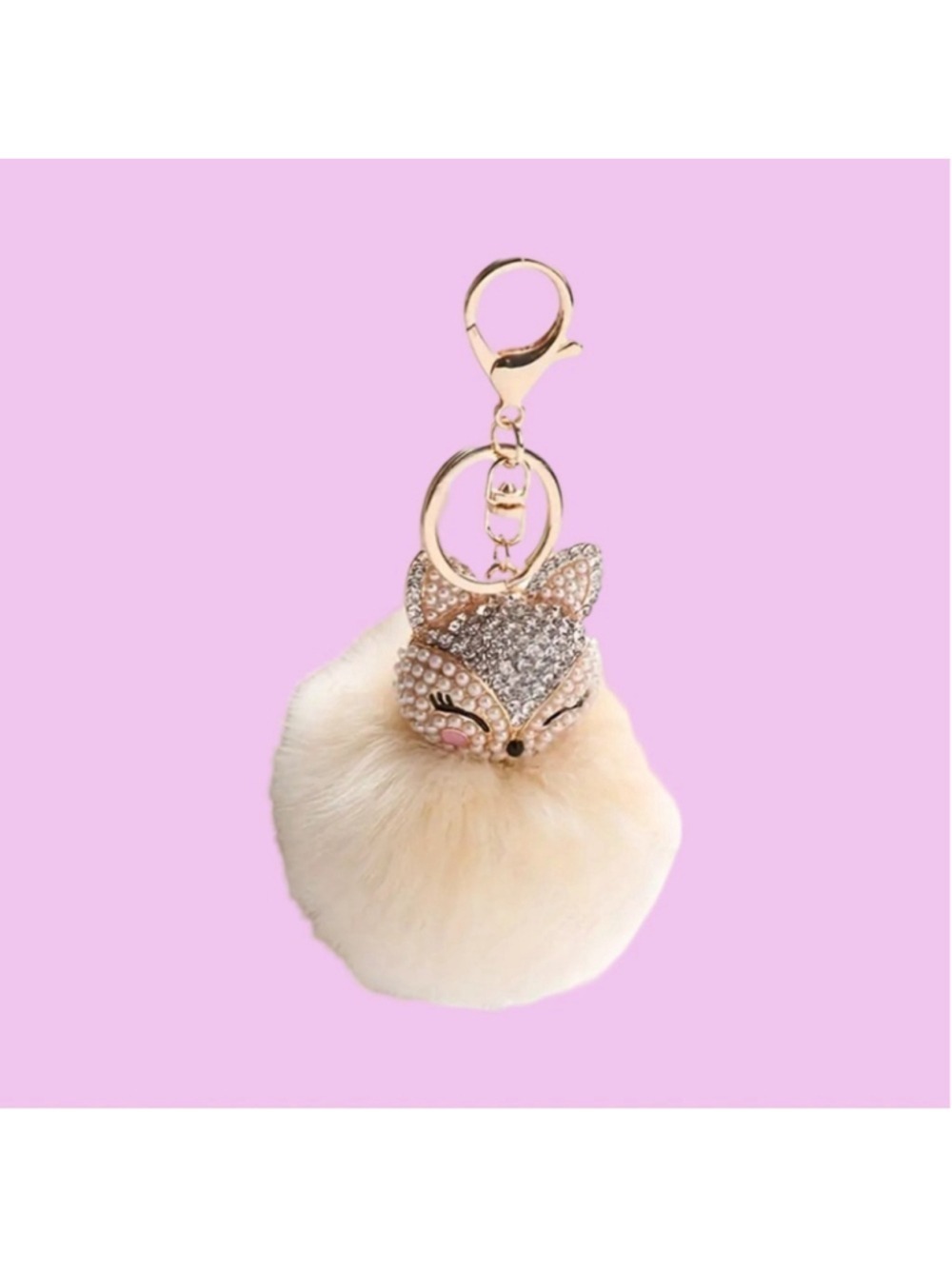 NEW Fluffy Fox Bag Charm Keychain - Cream - Pearl & Rhinestone Pom Accessory NWT - Picture 3 of 4